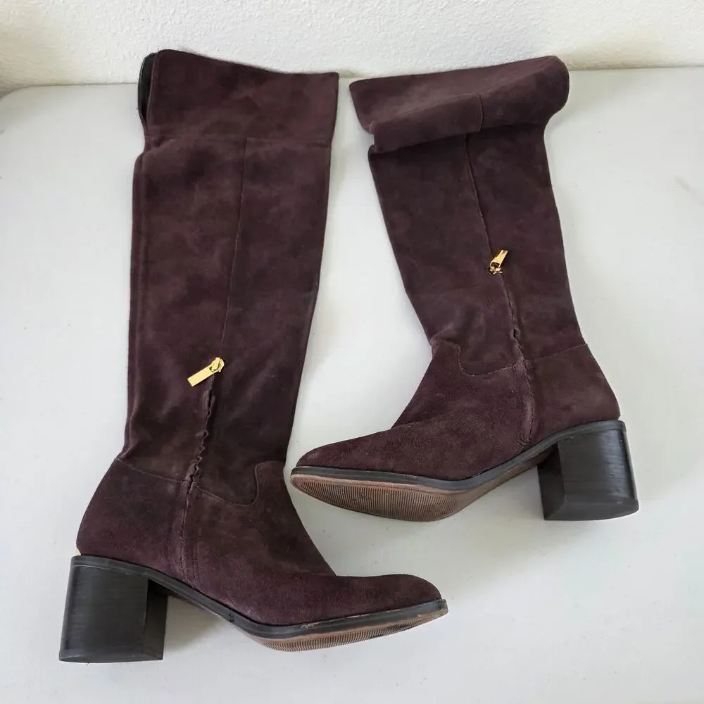 Michael Kors Suede Over the Knee Boots Womens Size 8M Dark Brown Leather Black H